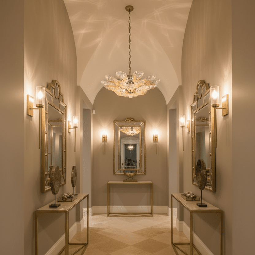 10. TWO Amber Chandeliers - Arched Hallway