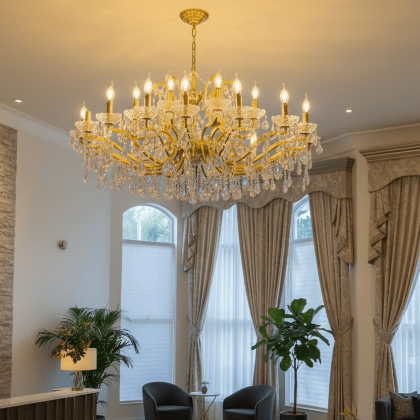 27L Maria Theresa chandelier wide in luxury living room