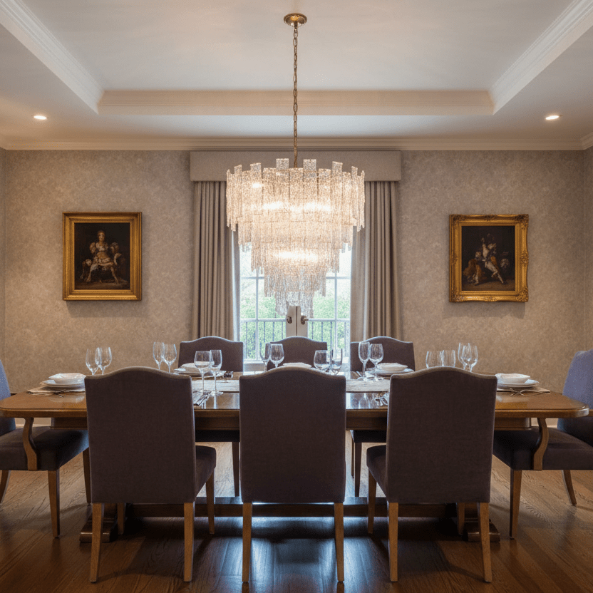 28" Lacquered Brass cascade in elegant dining