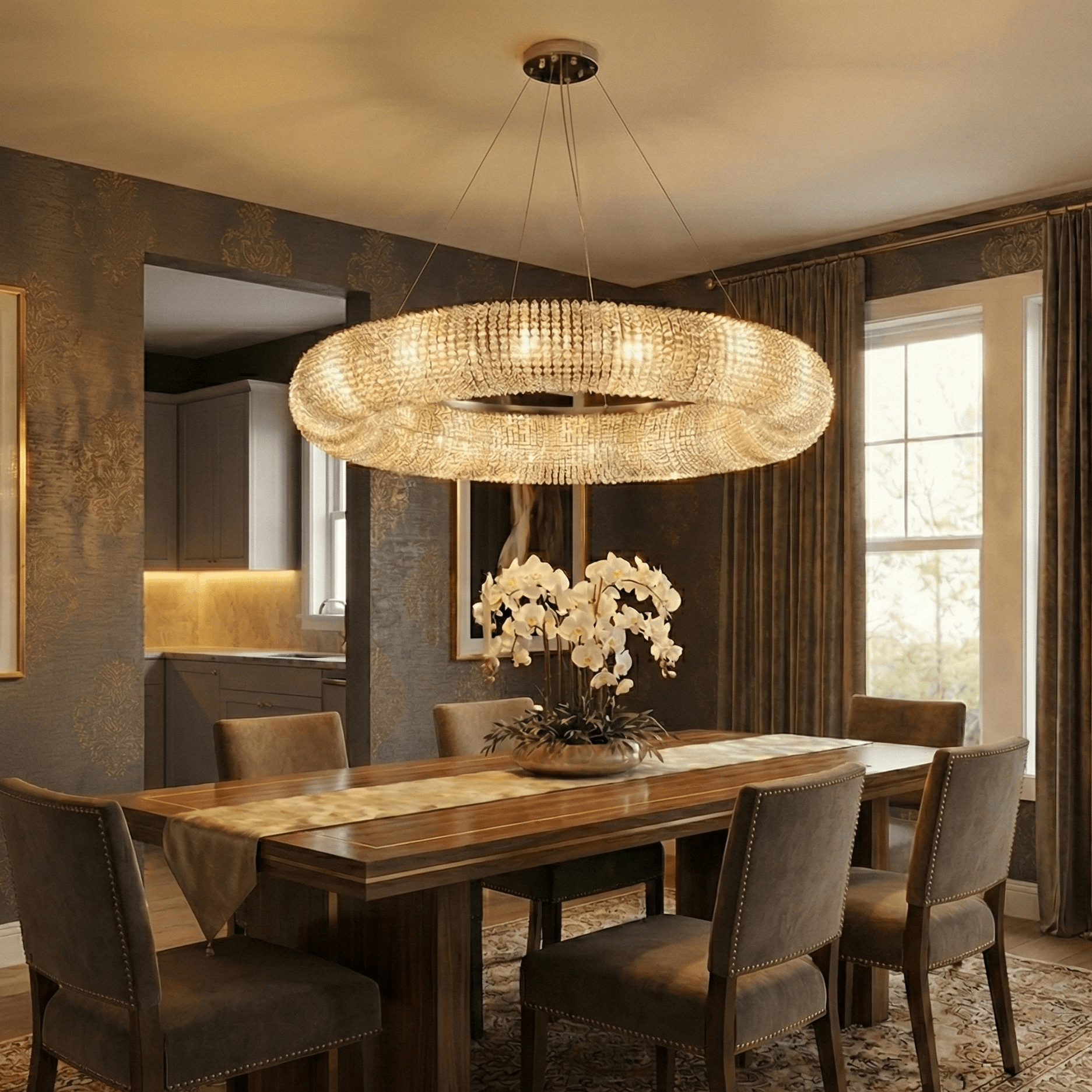 Modern 41 inch crystal brass finish ring chandelier suspended above wooden dining table in upscale dining room interior