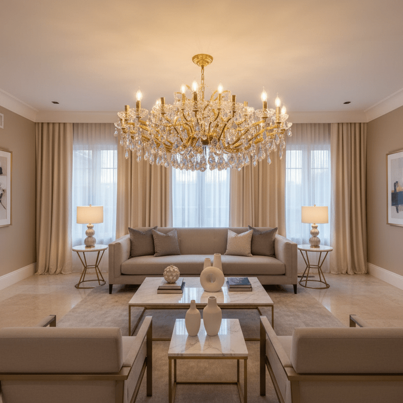 50" wide Maria Theresa chandelier in luxury living room