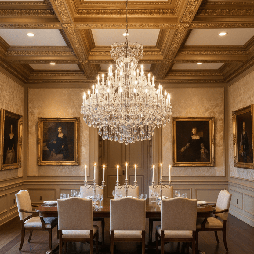 66L Rococo chandelier in estate dining room