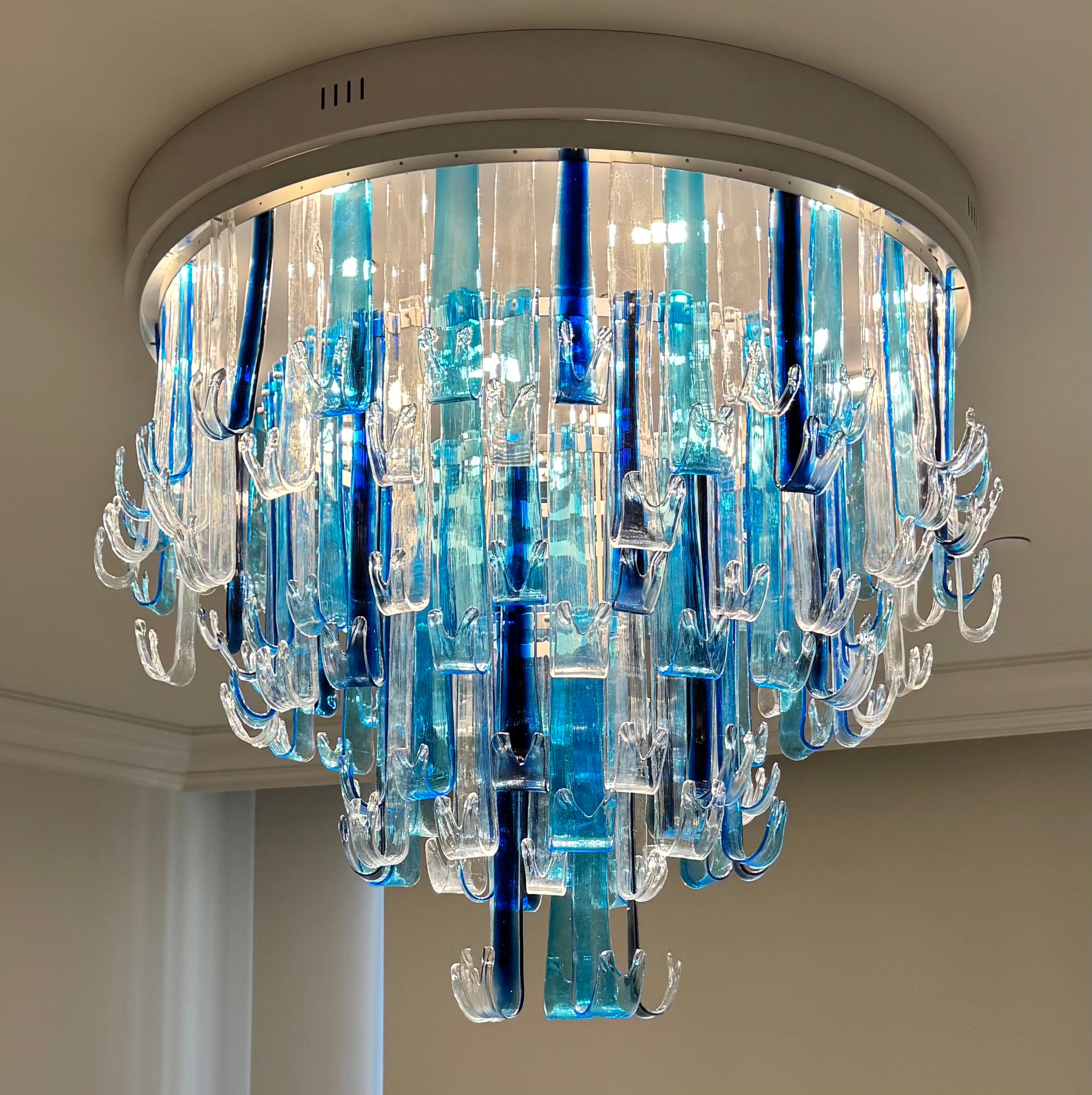 Blue Murano Waterfall Glass Chandelier mounted to ceiling