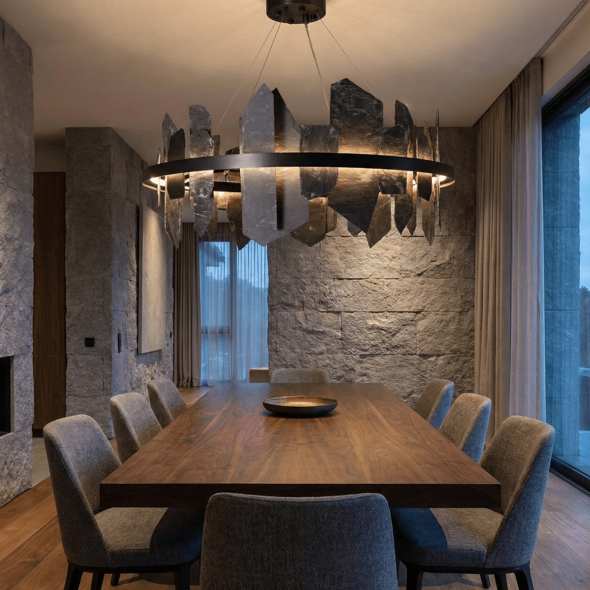 40"W Round Slate Natural Stone LED Industrial Chandelier - Chandelier