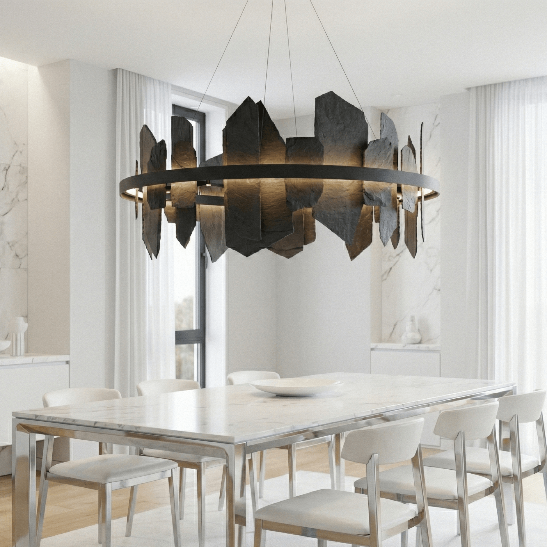 40"W Round Slate Natural Stone LED Industrial Chandelier - Chandelier