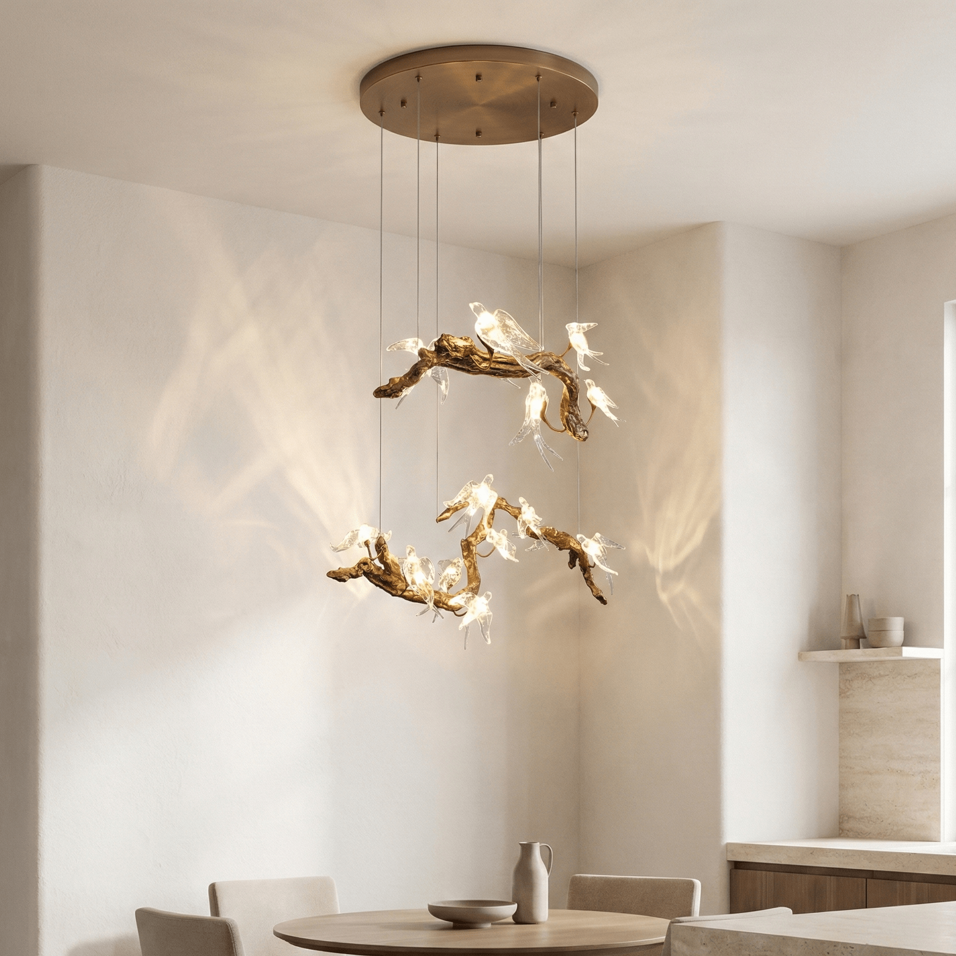 bird song linear branching chandelier in kitchen hanged over table.