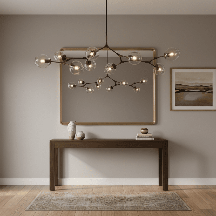 black frame with clear glass metal releaf horizontal chandelier in modern room.