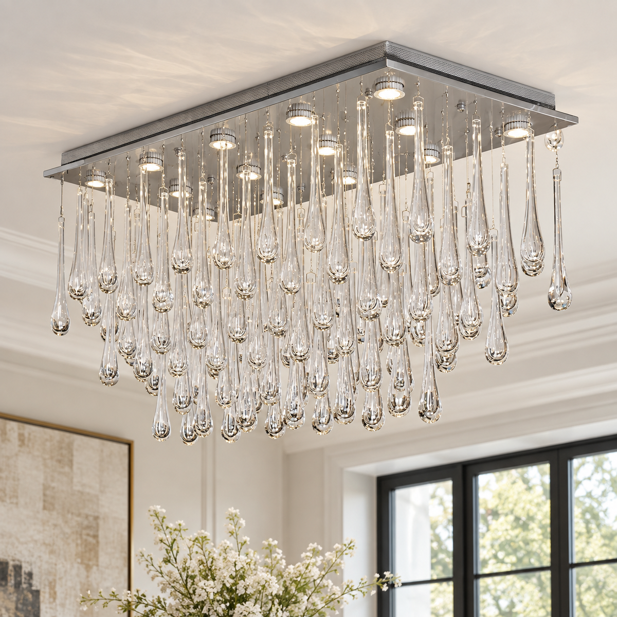 Blue Rainfall Linear Murano Glass Chandelier
