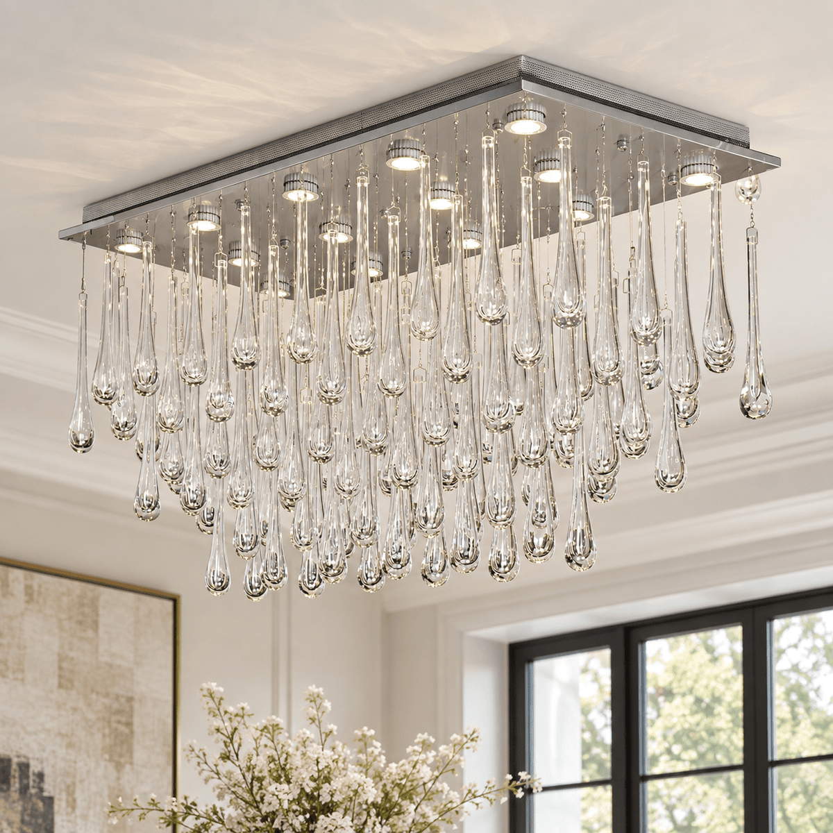 Blue Rainfall Linear Murano Glass Chandelier