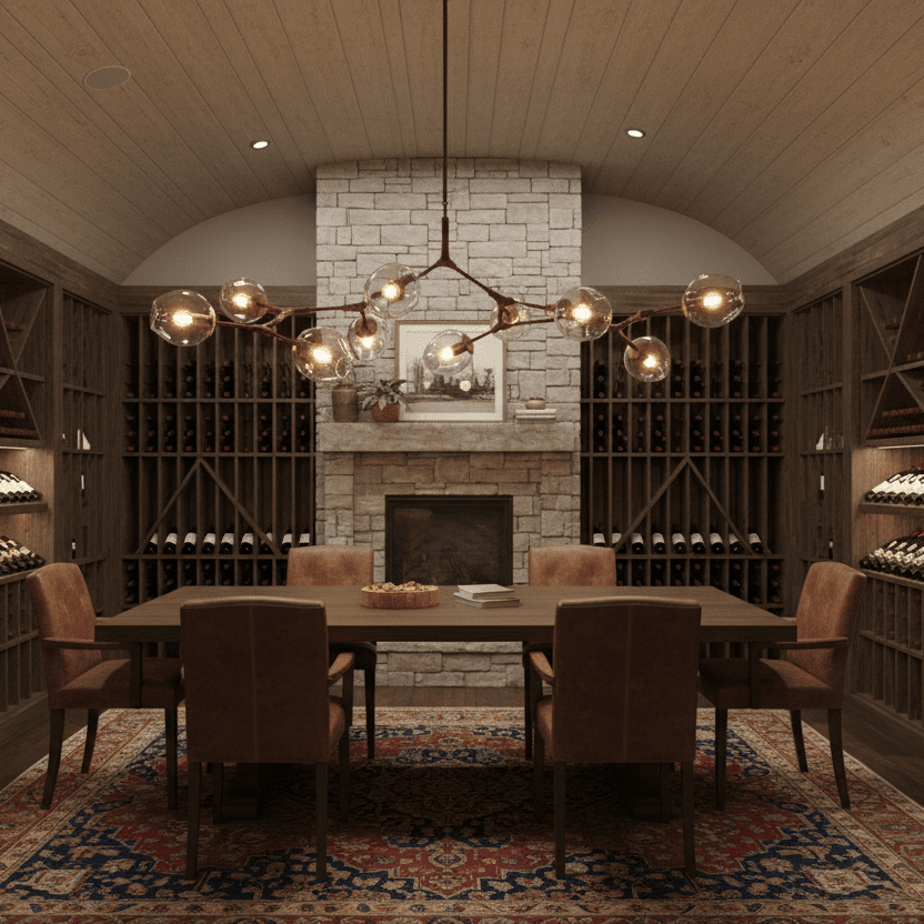 Brass frame with clear glass chandelier in Wine Cellar room.