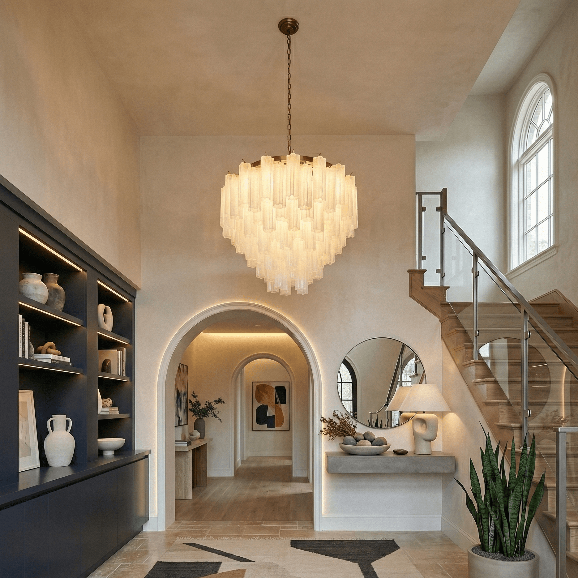 Elegant glass chandelier featuring cascading tiered clear glass elements and a warm brass frame, hanging in a refined residential entryway with arched hallways, wood staircase, and modern interior decor.