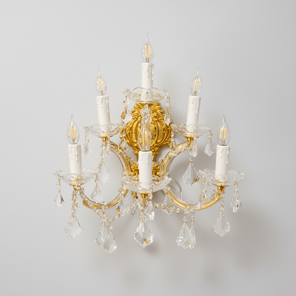 Eleonor 6 light Victorian wall sconce with ornate gold finish and candle-style bulbs