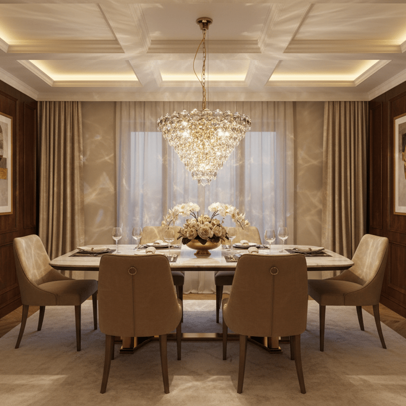 Illuminated Crystal Chandelier in Luxury Residential Interior