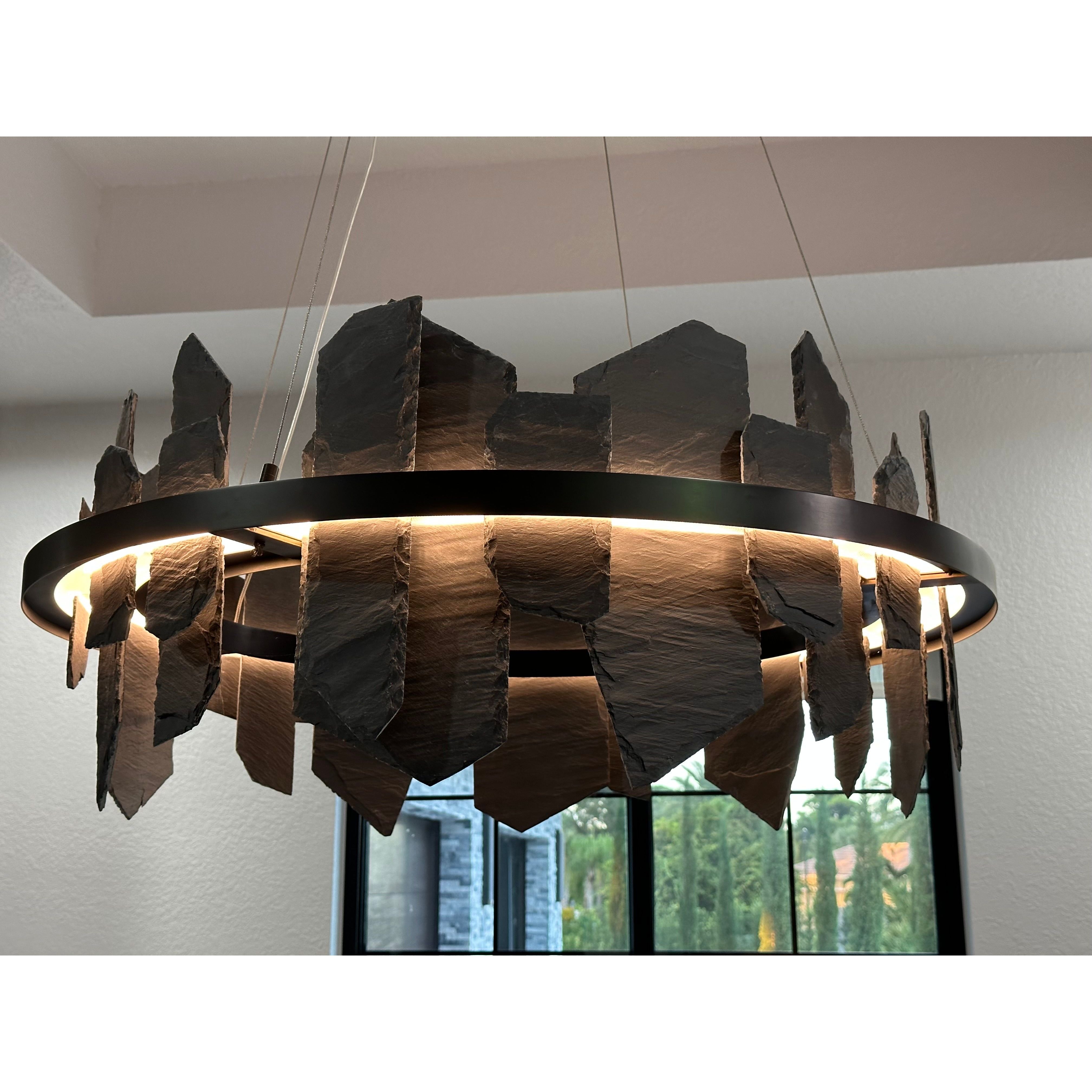 40"W Round Slate Natural Stone LED Industrial Chandelier - Italian Concept