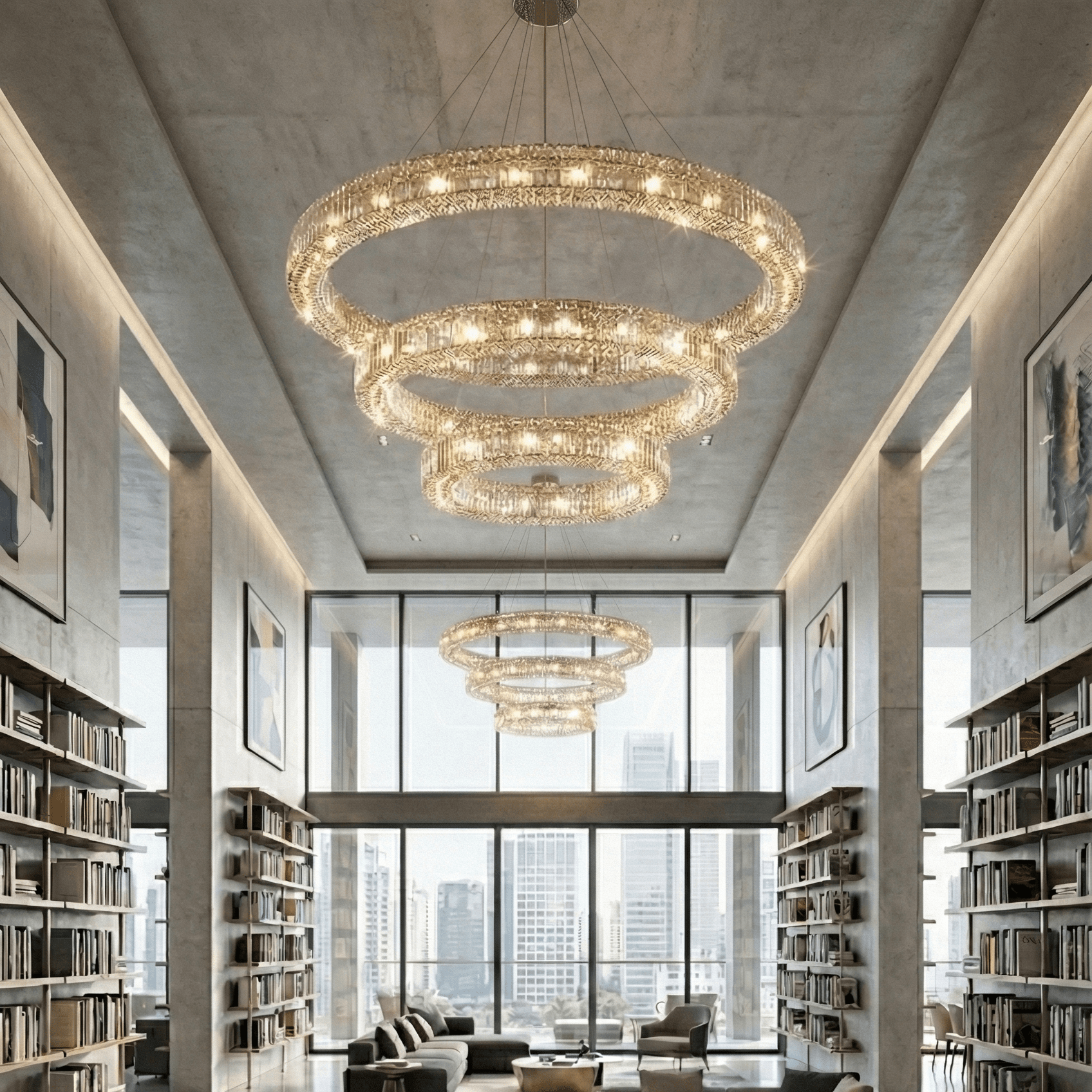 Jude round crystal chandelier illuminating a luxury modern living room with high ceilings, featuring layered circular crystal rings and warm ambient lighting in a contemporary interior