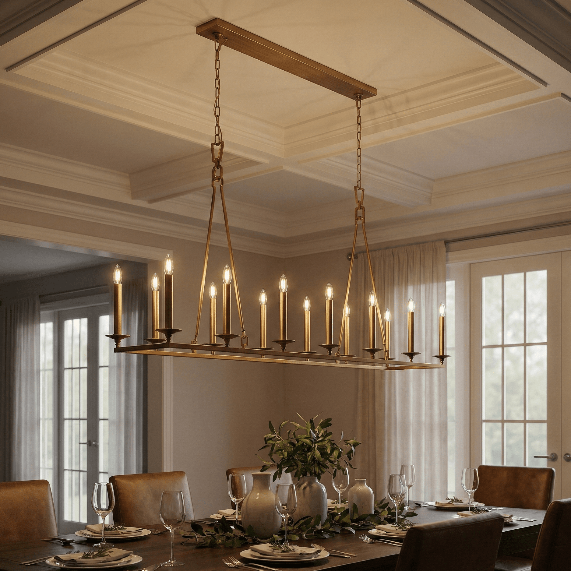 Luxury brass linear chandelier with candle-style lights suspended over an elegant dining table in a classic dining room with coffered ceiling, warm ambient lighting, and refined traditional interior design.