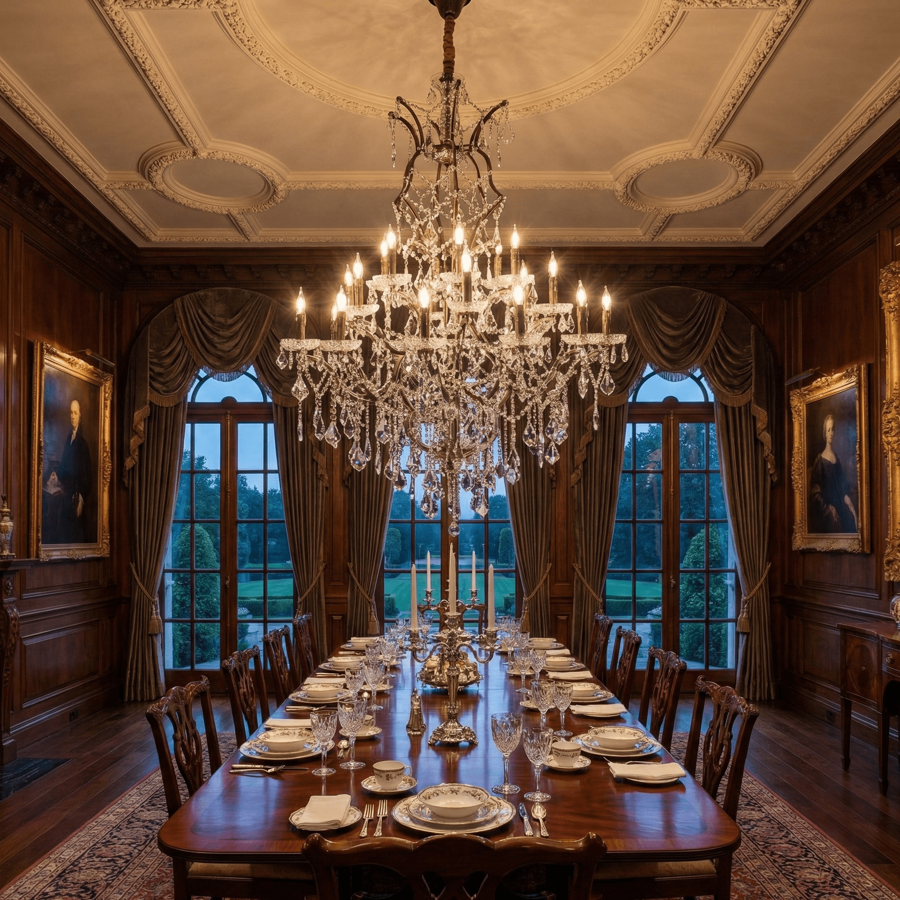 Luxury crystal chandelier illuminating a formal dining room with high ceilings, elegant wood paneling, and refined table setting in a classic interior