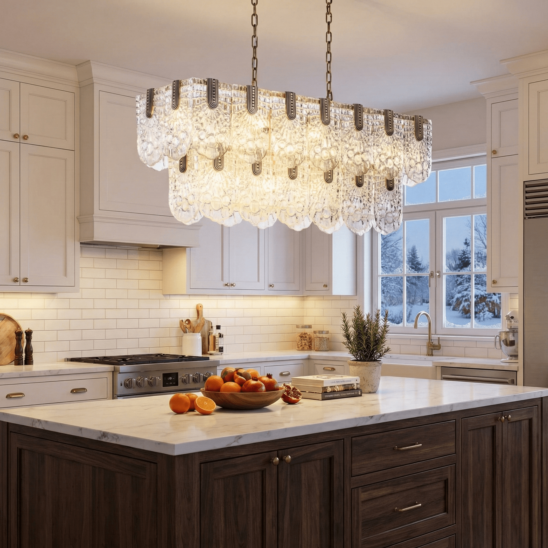 Luxury rectangular glass chandelier in brushed brass finish installed above a modern kitchen island, featuring hand-textured glass panels and warm ambient lighting.