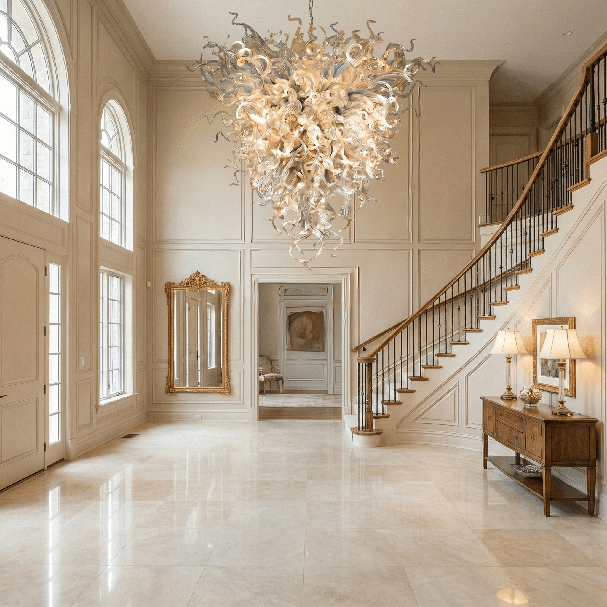 Luxury sculptural glass chandelier suspended in a grand double height foyer, artistic hand blown glass design illuminating an elegant staircase entryway