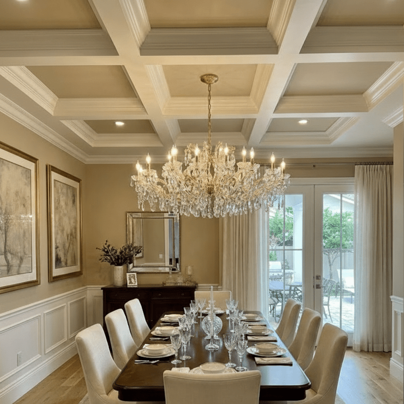 Maria Theresa chandelier in coffered ceiling dining room