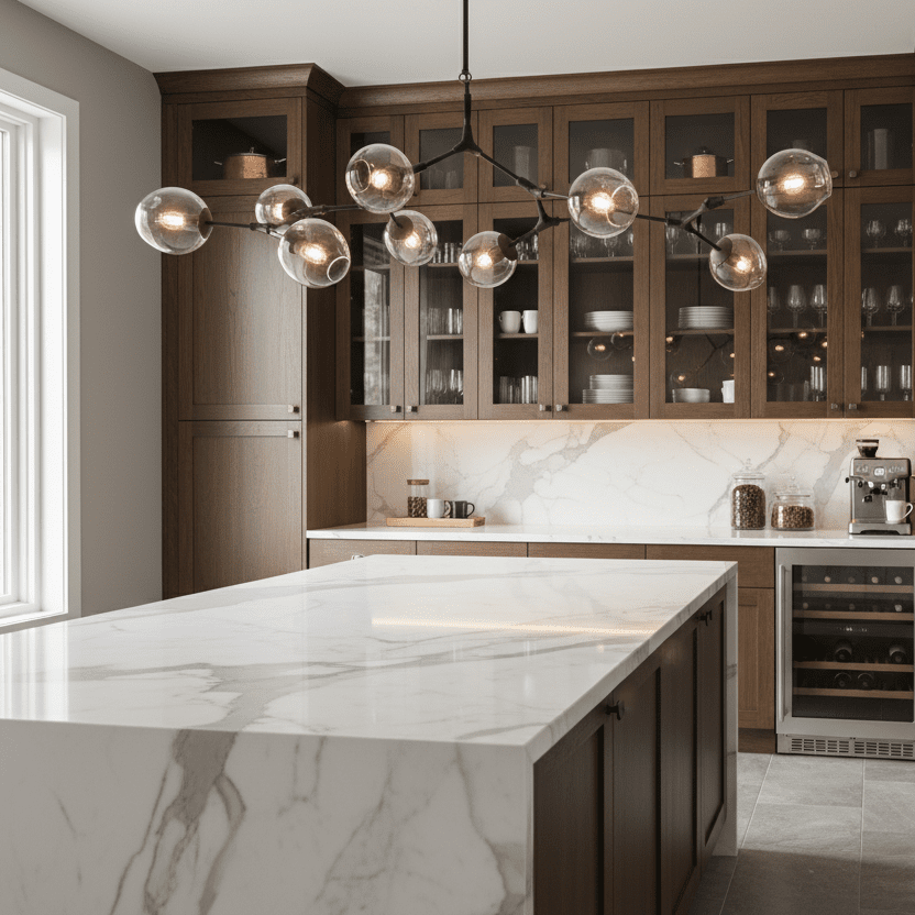 Matte Black Metal releaf chandelier with Clear Glass in Butler's Pantry