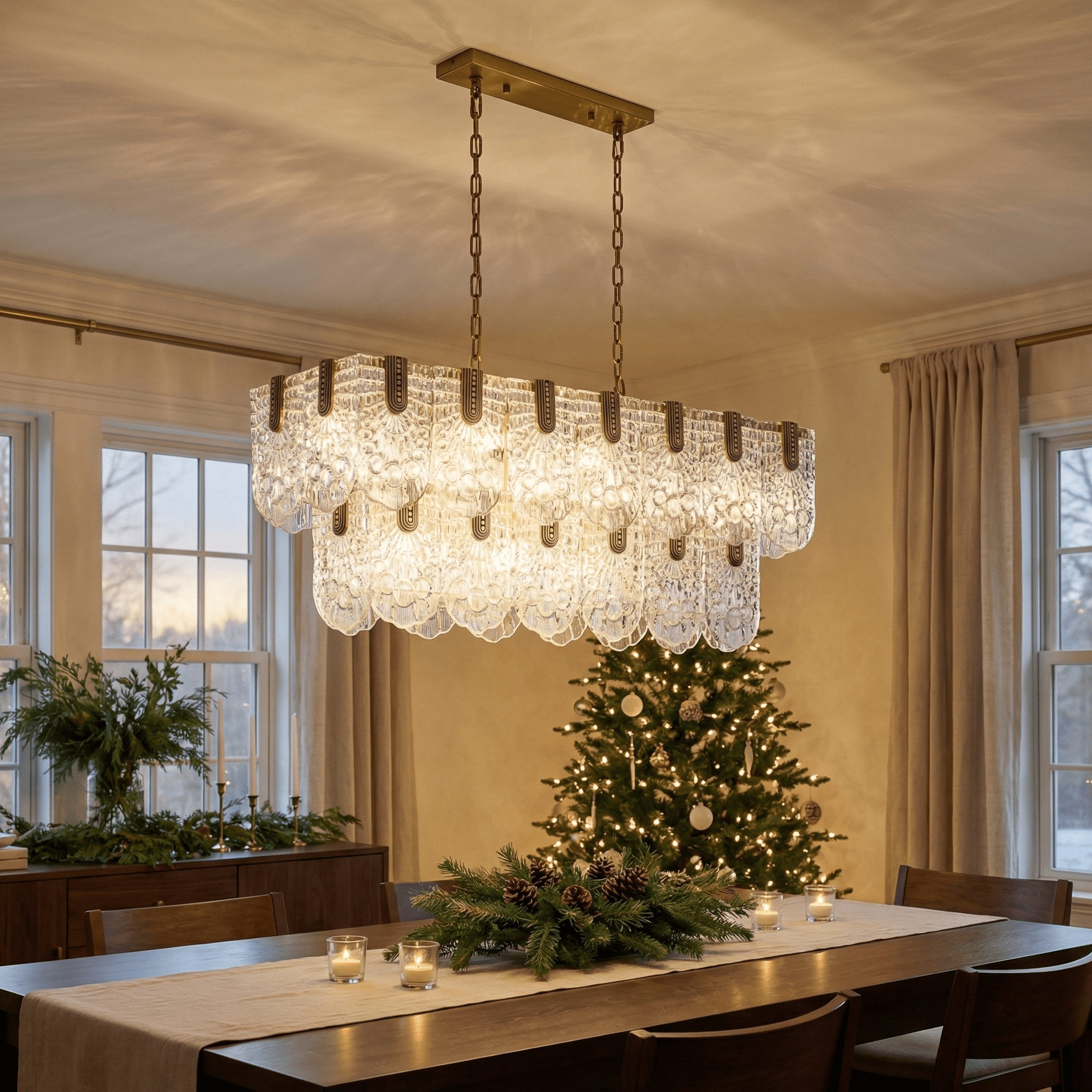 Modern rectangular glass chandelier in warm brass finish over a dining table, styled with subtle Christmas decor and soft evening lighting in a contemporary home.