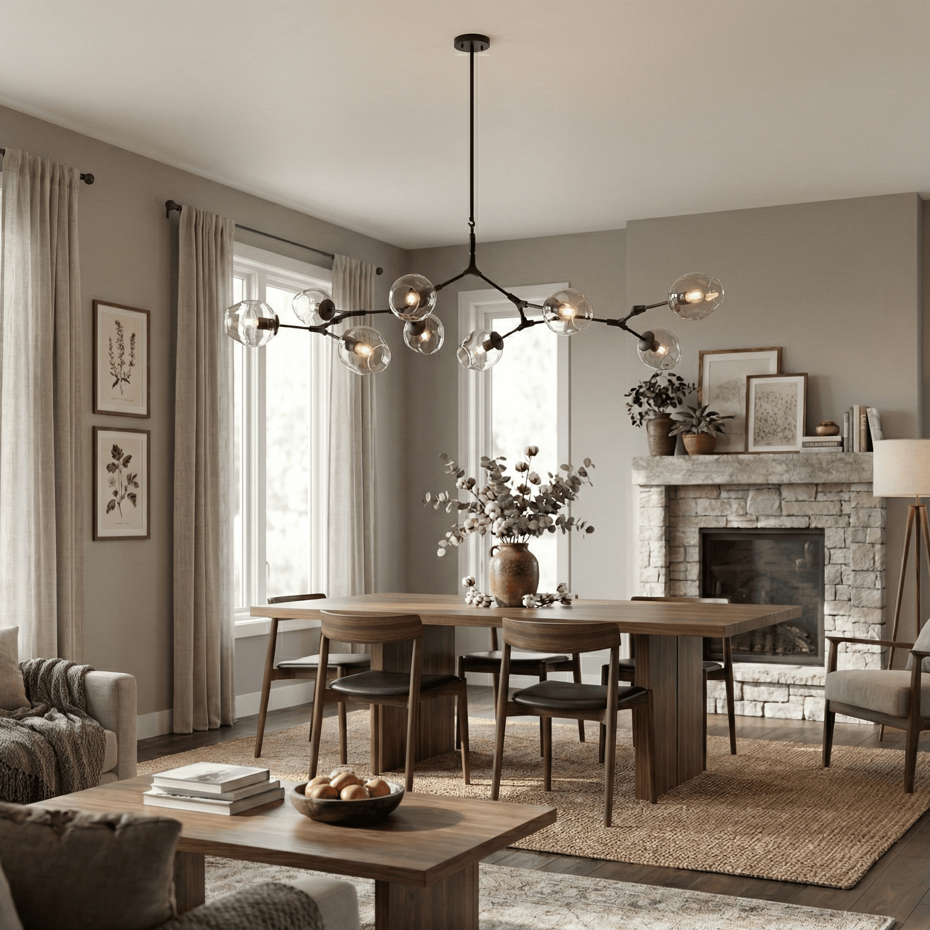 Modern matte black glass globe chandelier with seven lights installed above a dining table in a contemporary dining room interior