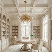 Modern sputnik crystal chandelier hanging from a coffered ceiling in a luxury home library, illuminating an elegant study with built-in bookshelves and refined architectural details
