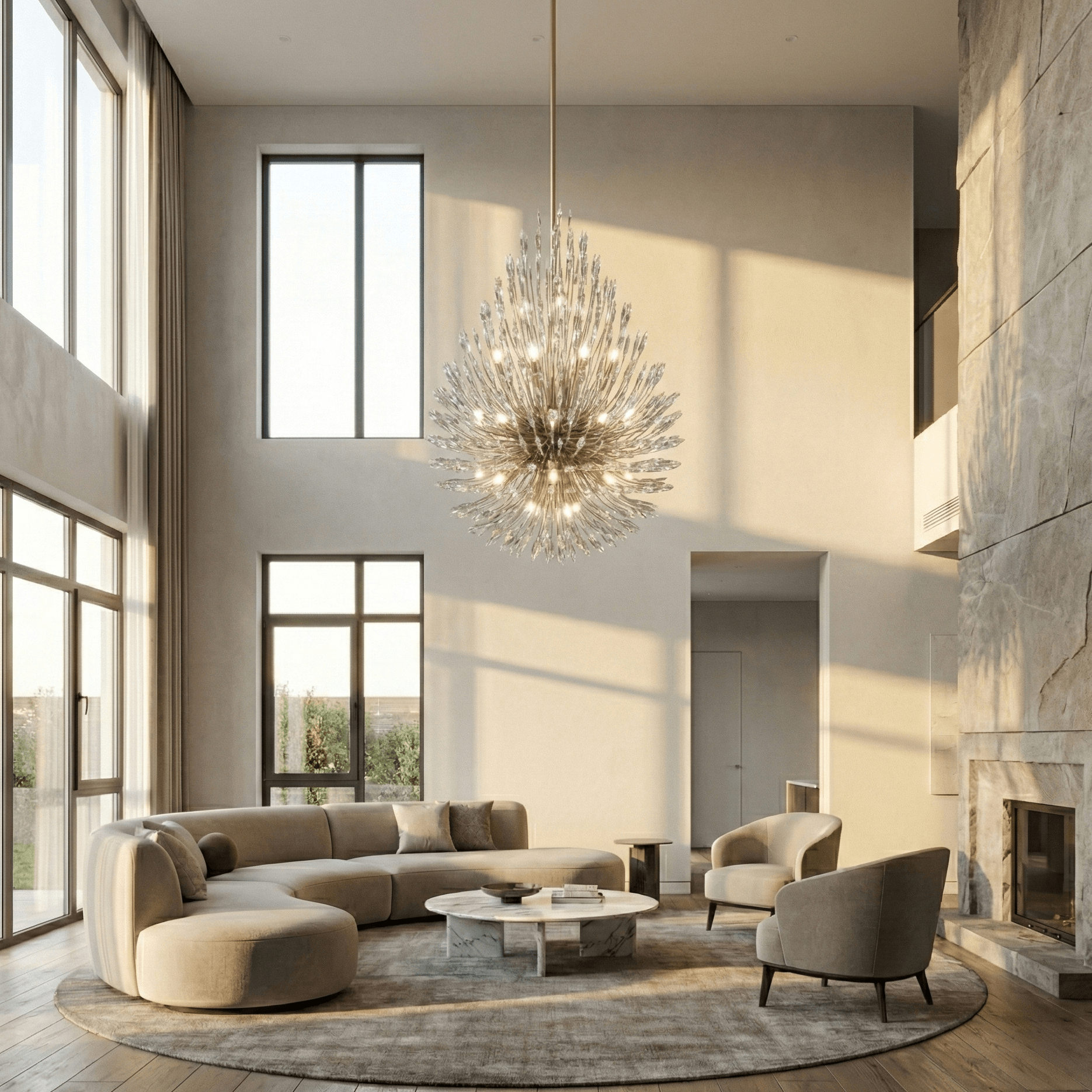 Modern starburst crystal chandelier hanging in a double-height living room, illuminating a luxury contemporary interior with soft natural light and refined architectural details