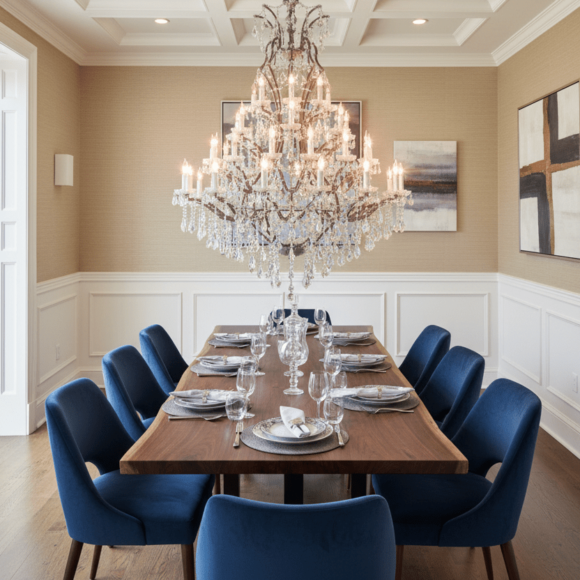 Rococo chandelier in elegant dining room