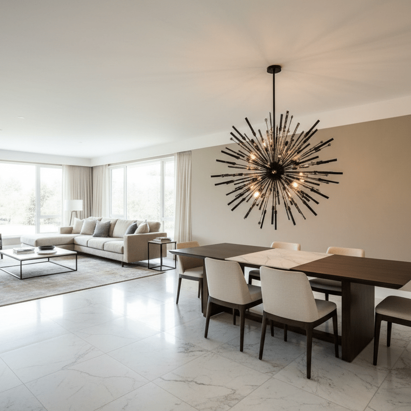 Smaller fuller black Aisar Sputnik in open-concept