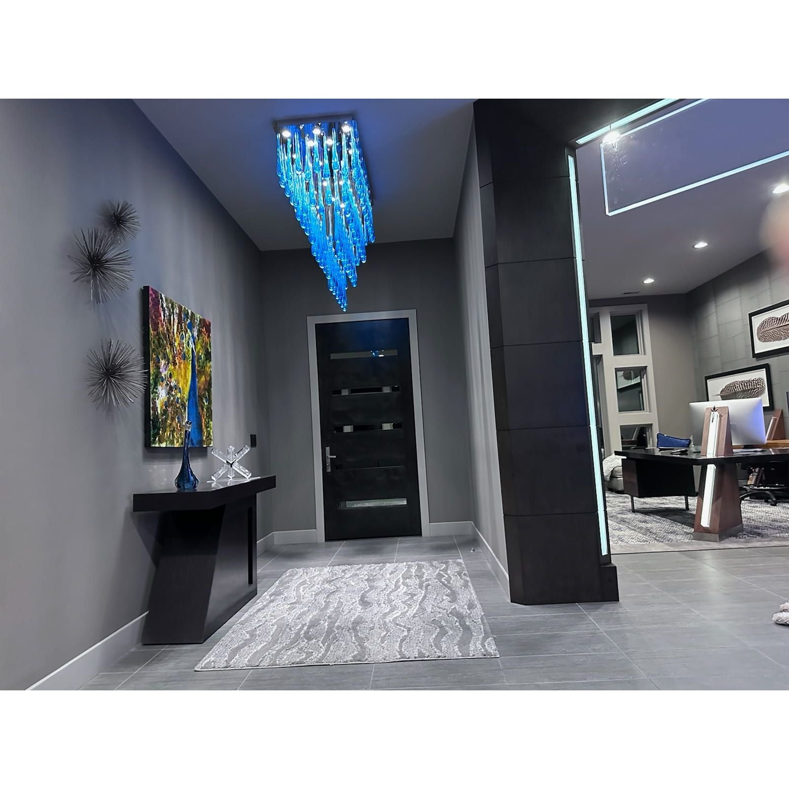 Blue Rainfall Linear Murano Glass Chandelier