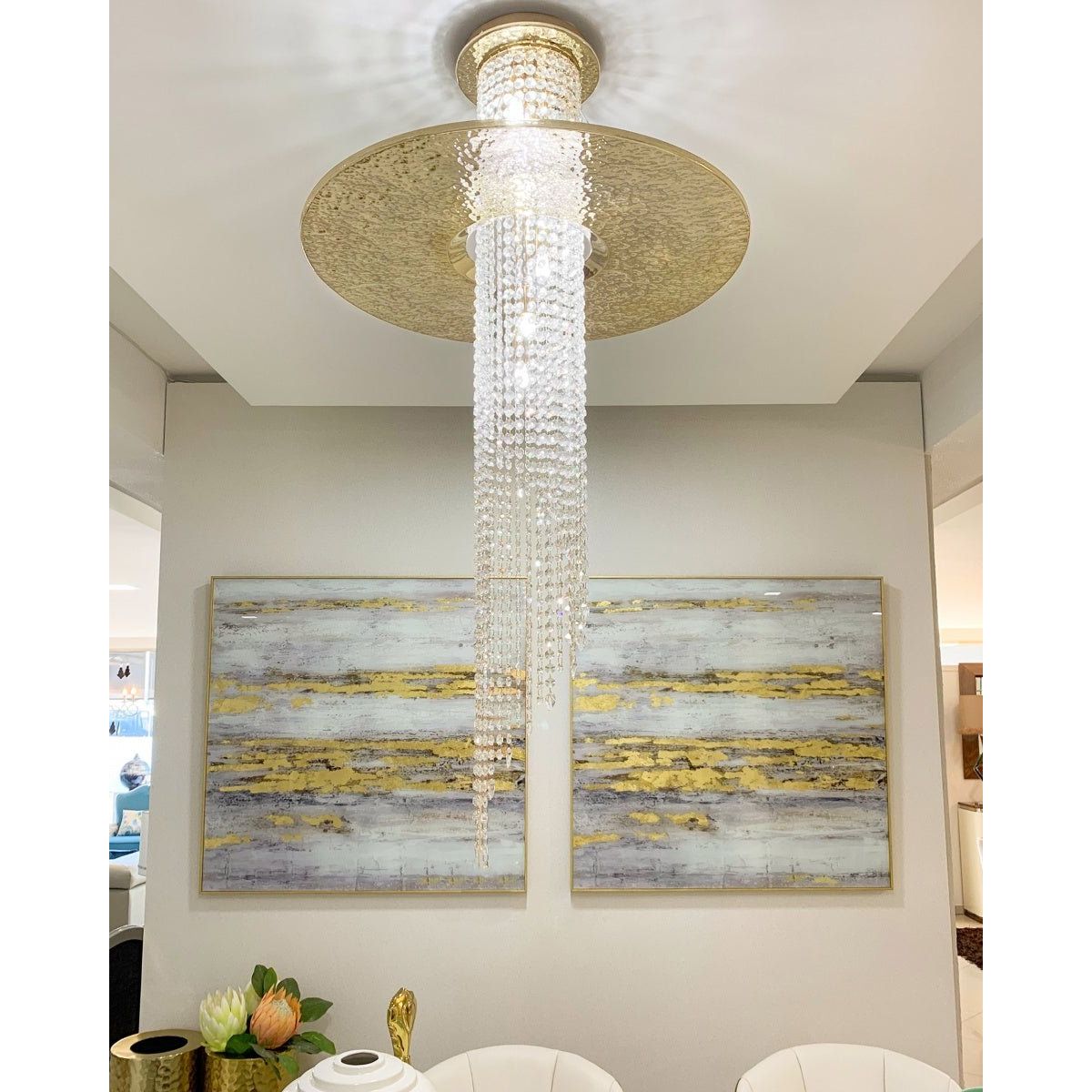 Angelina Flushmount Brass Crystal Pendant Chandelier - Italian Concept -