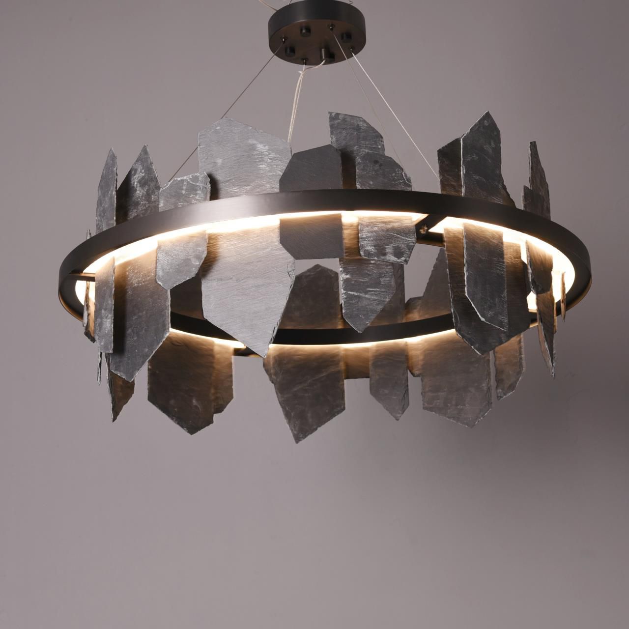 40"W Round Slate Natural Stone LED Industrial Chandelier - Italian Concept -