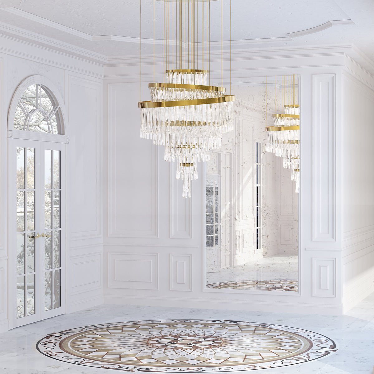 Luxury brass crystal chandelier for grand foyer and staircase, modern tiered chandelier for double height entryway