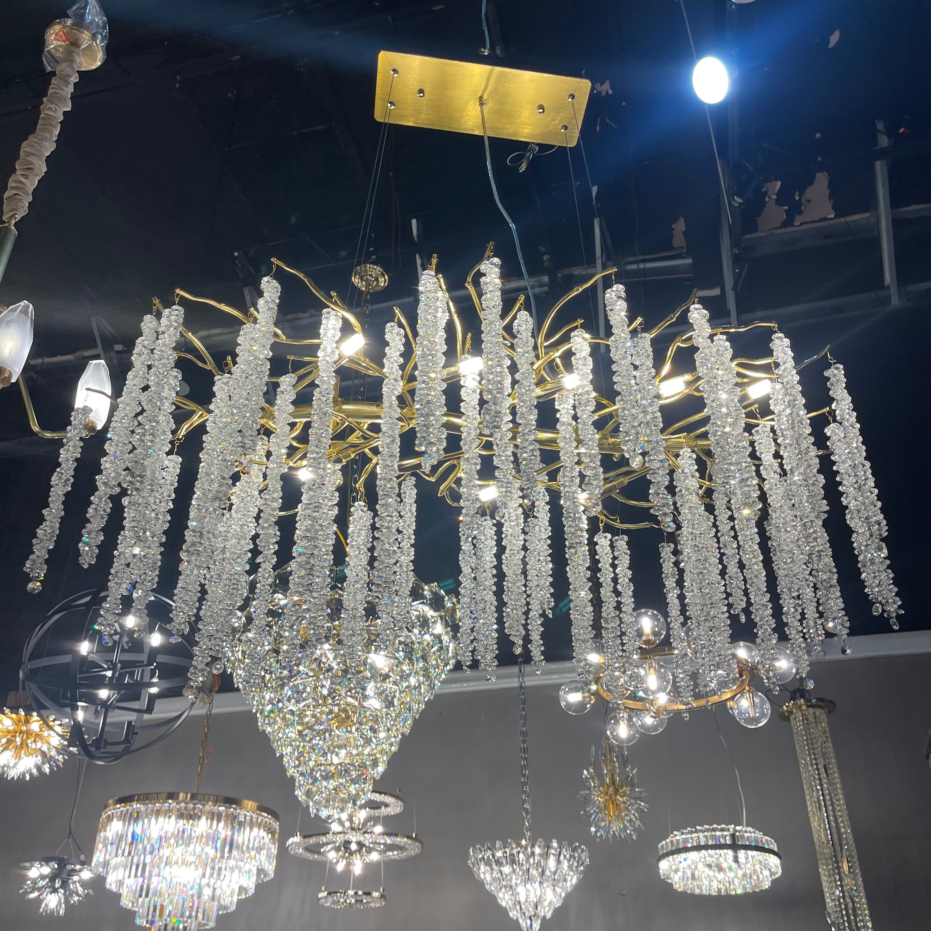 Catherine Crystal Rainfall Linear Branching Chandelier - Italian Concept -