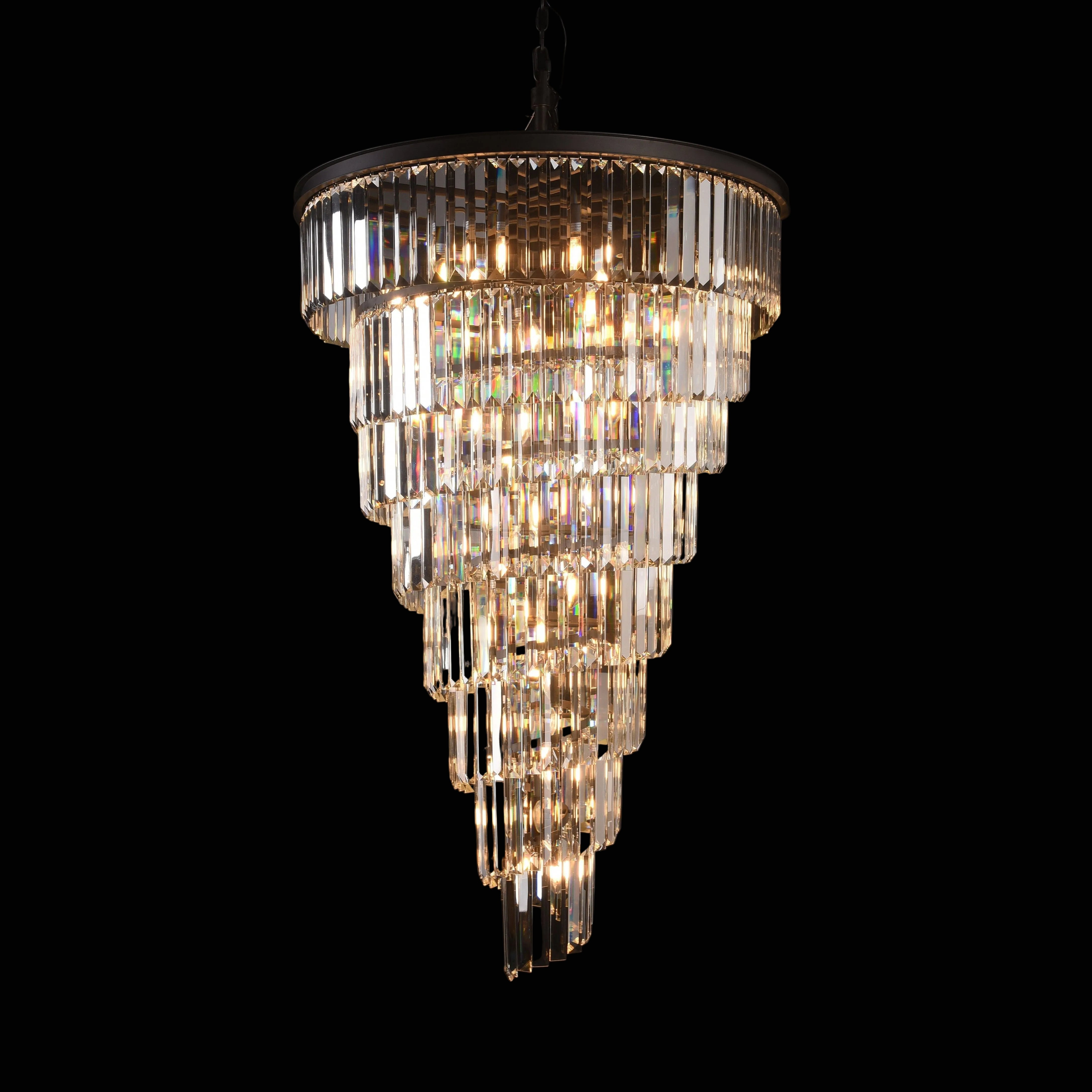 Angle view of Veccini Odeon spiral tiered crystal fringe chandelier showcasing layered crystals and spiral design