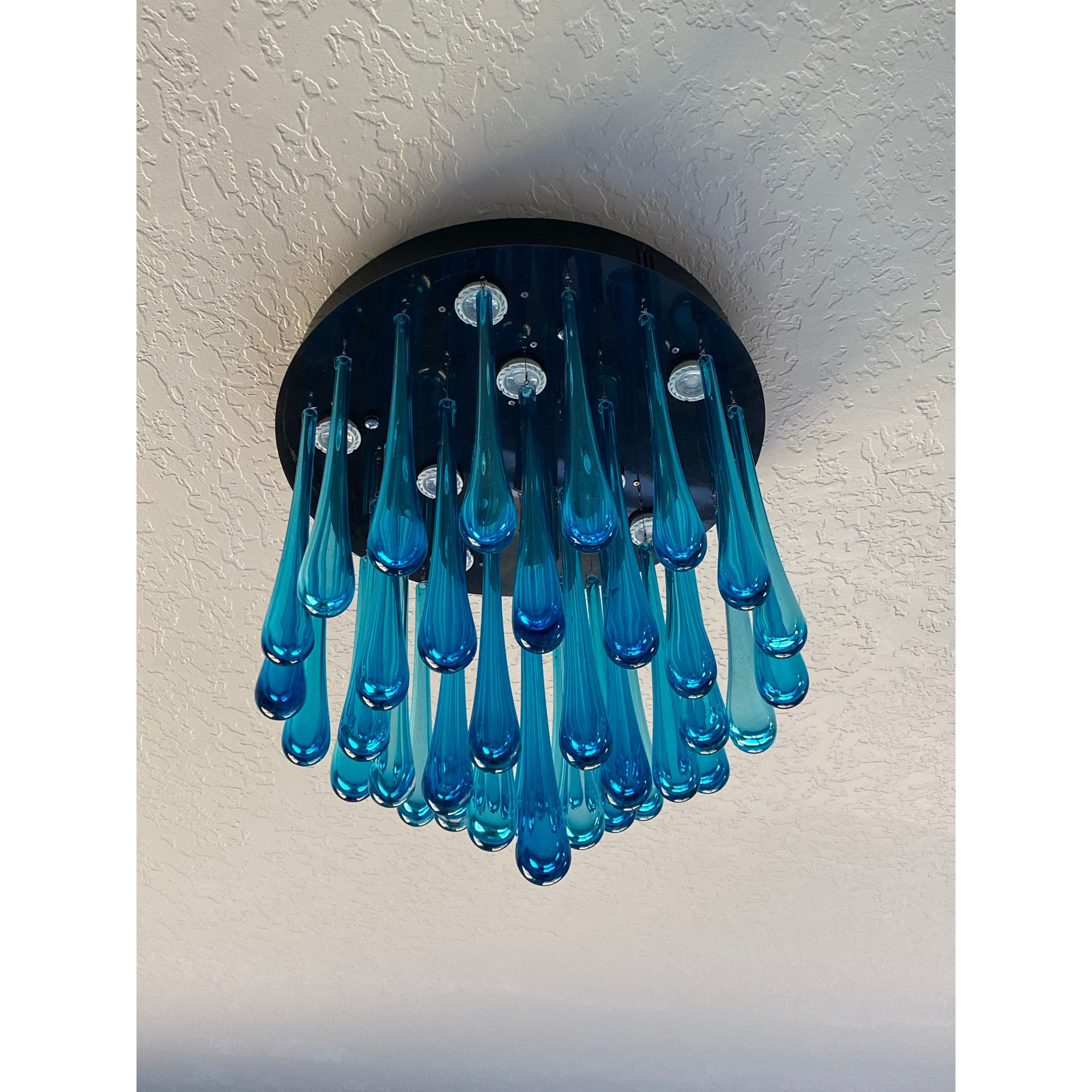 Blue Rainfall Linear Murano Glass Chandelier