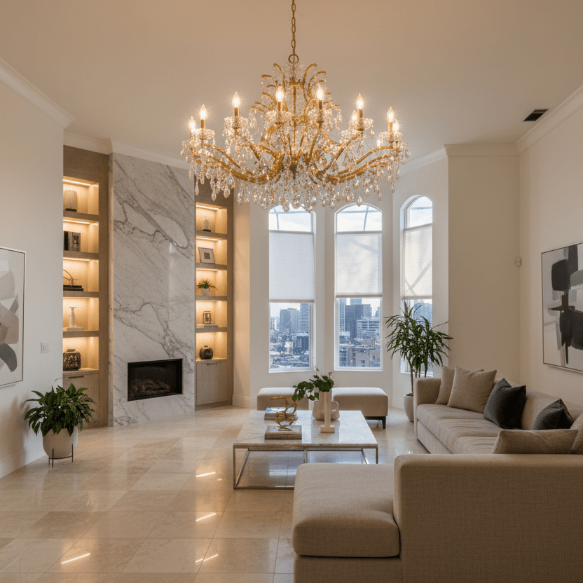 27L Maria Theresa chandelier wide in luxury living room