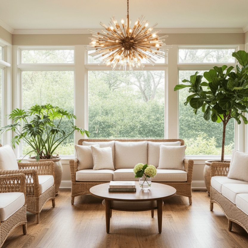 44" Brass Chandelier in sunroom