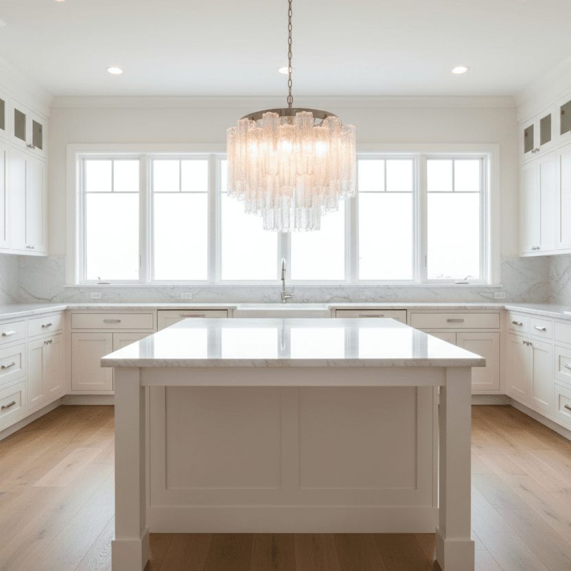 5-Tier Nickel Clear - Caprice tubular glass chandelier in kitchen.