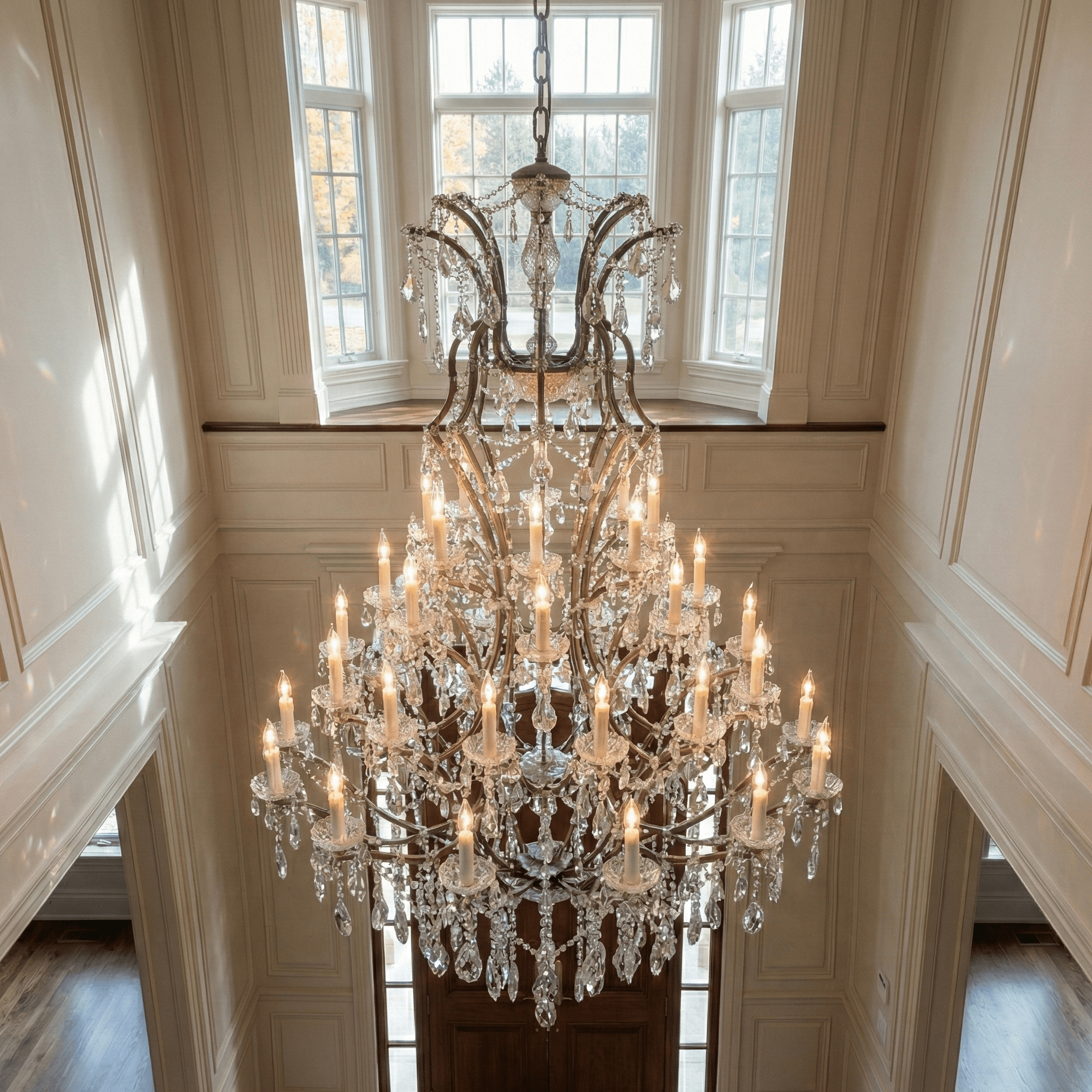 50 light Rococo Maria Theresa tiered crystal chandelier displayed in a classic foyer, emphasizing layered crystal tiers and refined European craftsmanship