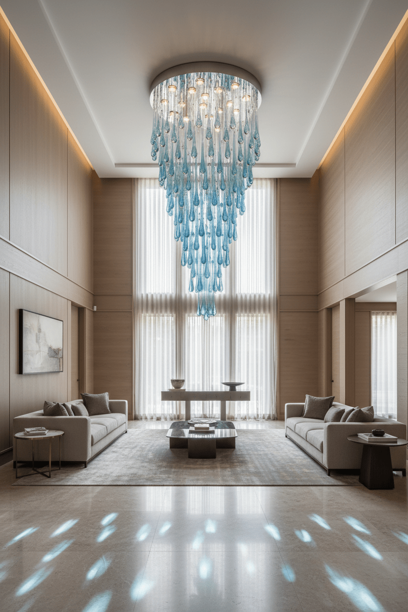 55" Blue Rainfall flush-mount in luxury grand space