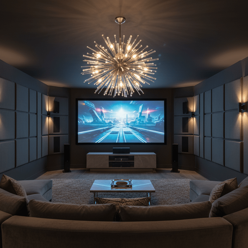 60" Nickel Aisar Starburst Chandelier in media room