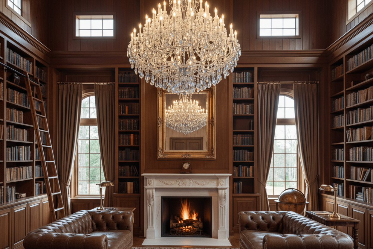 66L Rococo chandelier in mahogany library
