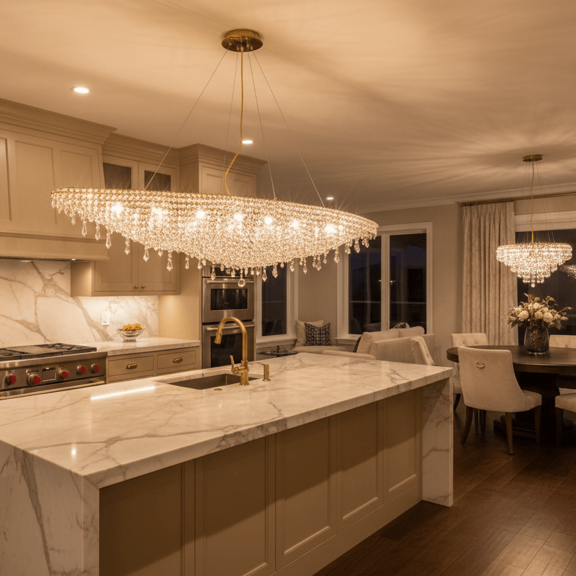 72" Oval Chandelier - Lacquered Brass over Kitchen Island