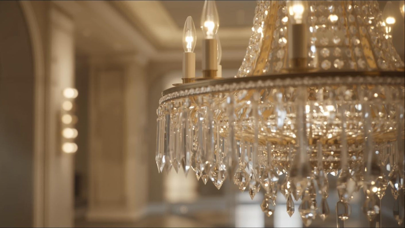 Crystals and Bulbs of Luxury Chandelier Being Displayed