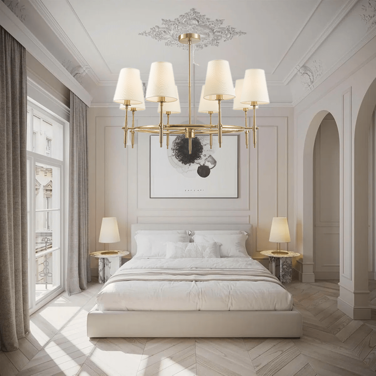 Savoy Round wheel linen shade chandelier