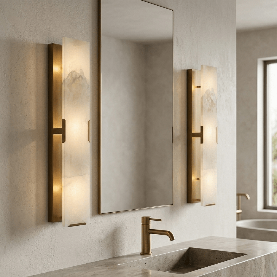 Grand Alabaster & Brass Vertical Wall Sconce – Natural Stone