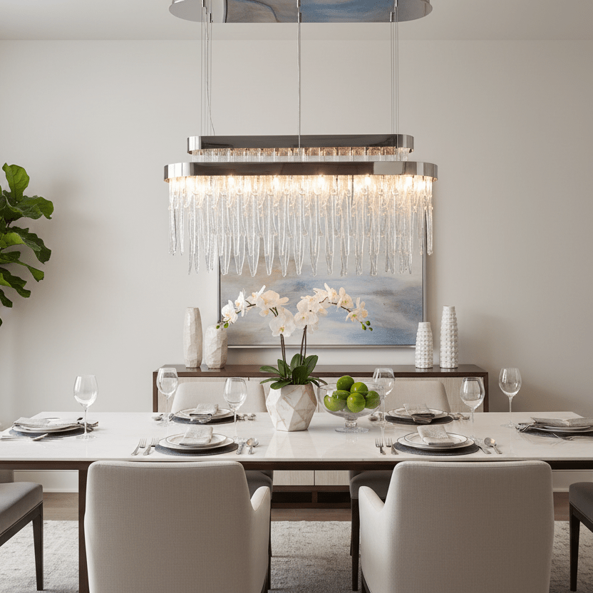 Linear Chandelier Polished Nickel Finish hanged over dining table in fashionable designed room